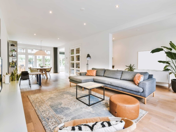 Living room with warm neutral colors and cozy furniture